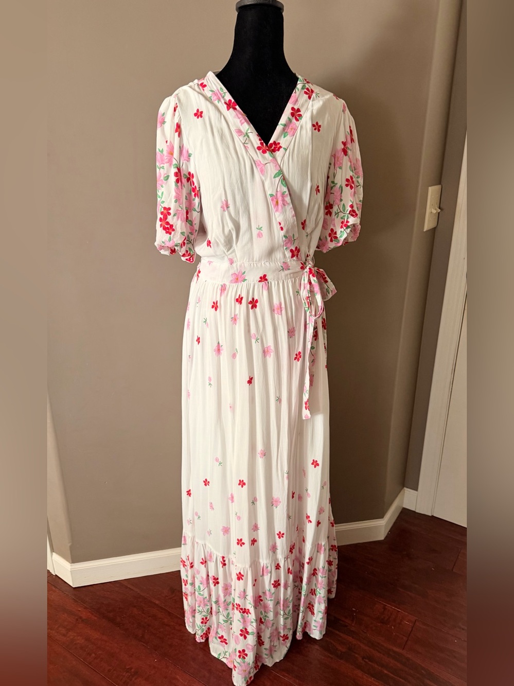Draper James White Wrap Maxi Dress with Pink & Red Floral Print